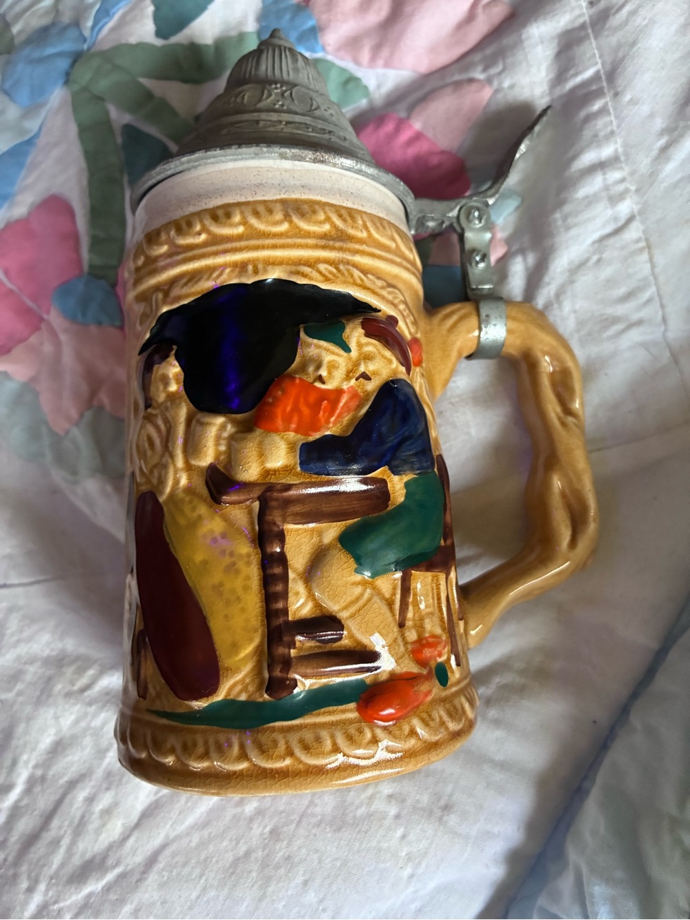 Hand-Painted Ceramic Beer Stein in Golden Amber with Multicolor Relief